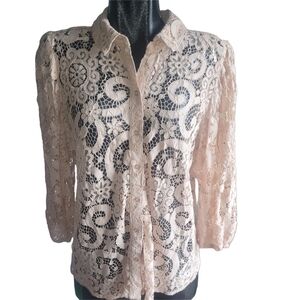 Nanette Lepore Blush Pink Lace Button-Up Blouse L
